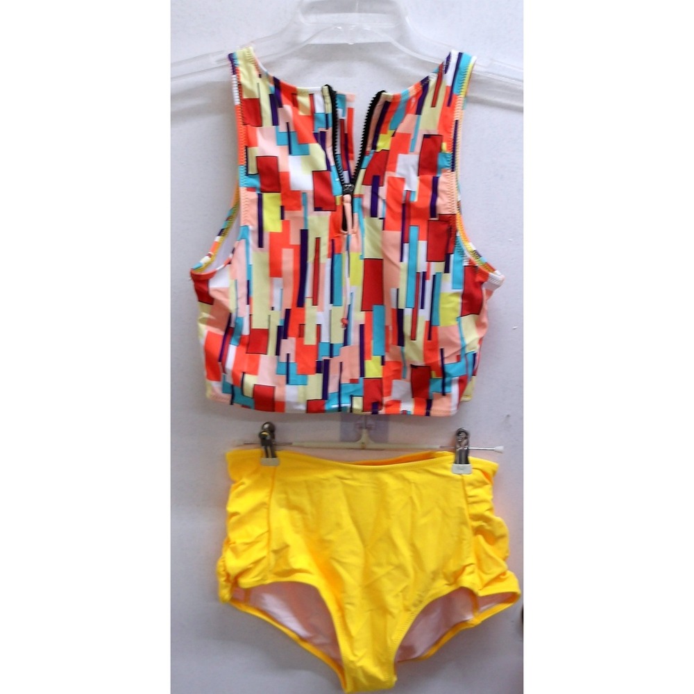 Geometric Multi Color Zip Front Swim Top Sporty Racerback Bikini Crop S/#26523
